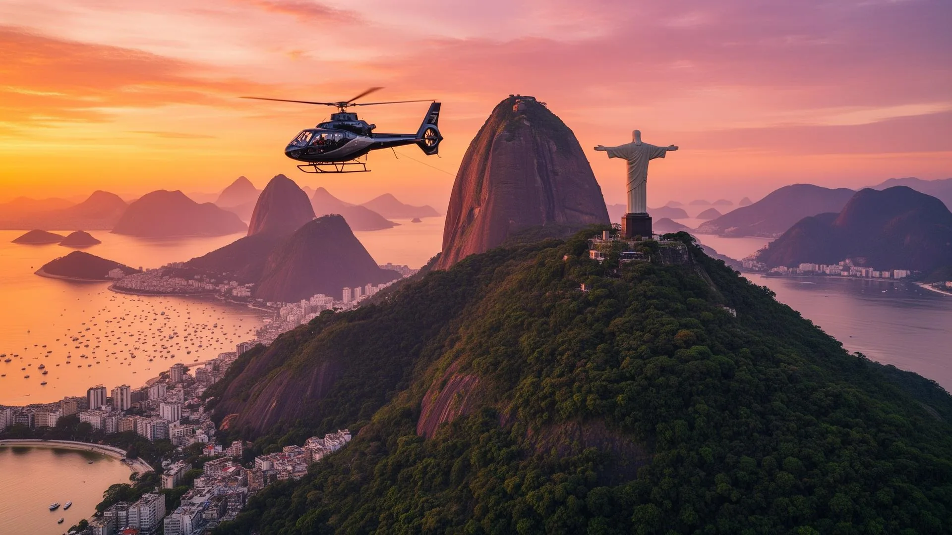 Helicóptero sobrevoando o Cristo Redentor no Rio de Janeiro
